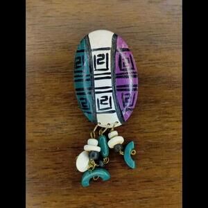 80s Painted Wood Chunky Brooch. Vintage